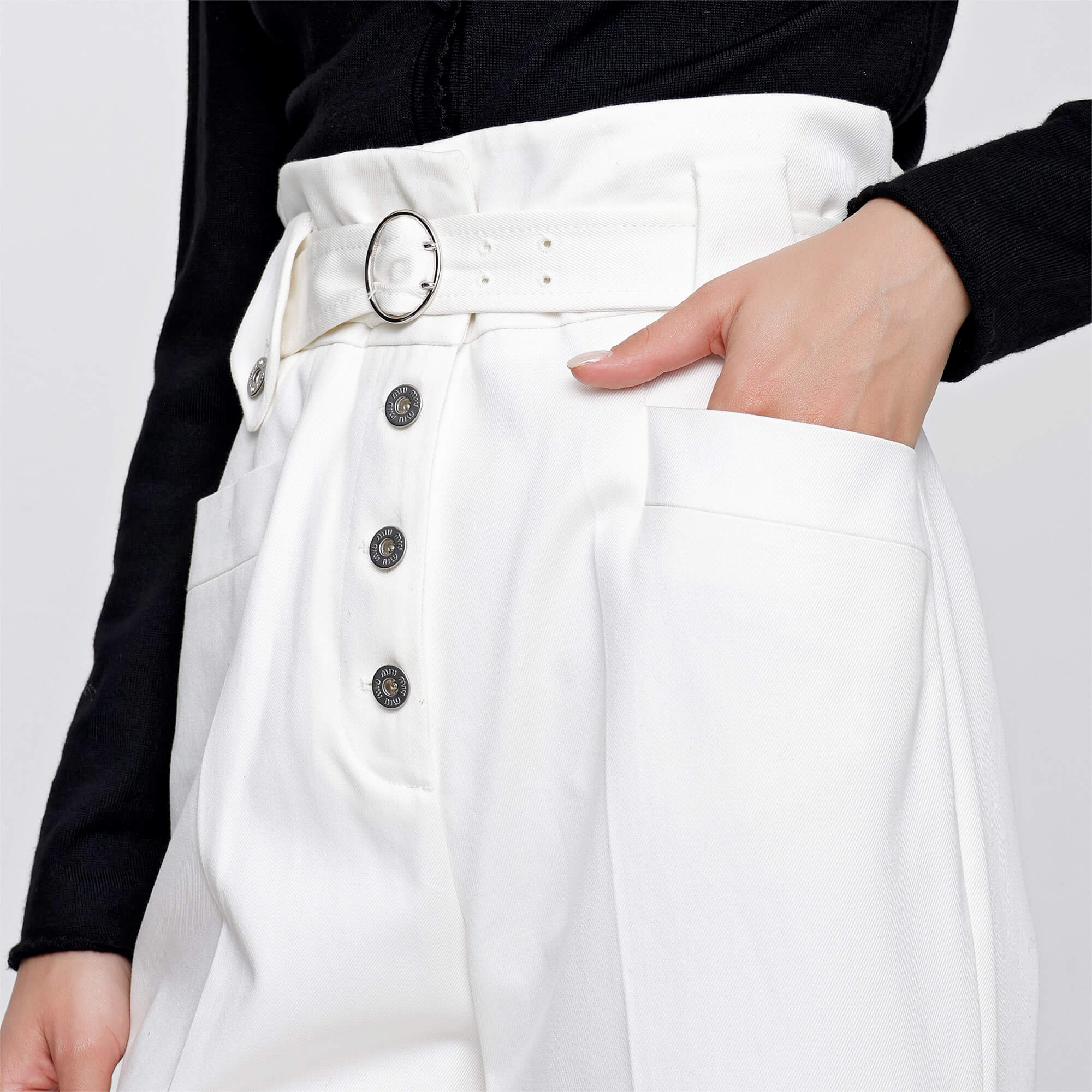 Miu Miu - White Cotton Button Fastening Flared Pants With Adjustable Belt